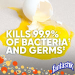 Cracked raw egg spilled on a countertop with overlay text 'Kills 99.9% of bacteria and germs' and Fantastik branding