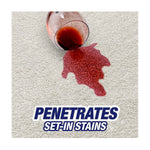 Spilled glass of red wine on light carpet with overlay text 'Penetrates Set-In Stains'