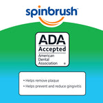 Spinbrush logo with ADA Accepted seal and short benefit text on green-to-blue gradient background
