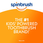 Spinbrush brand logo above an orange gradient panel declaring 'The #1 kids' powered toothbrush brand' on a white background.