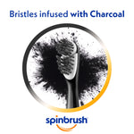Spinbrush toothbrush head with charcoal powder splash behind and text noting bristles infused with charcoal