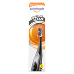 Tall product box showing Spinbrush Charcoal Clean electric toothbrush packaging with charcoal-gray brush image