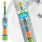 Close-up composite of Spinbrush Clear & Clean kids toothbrush and its packaging with visible brush head