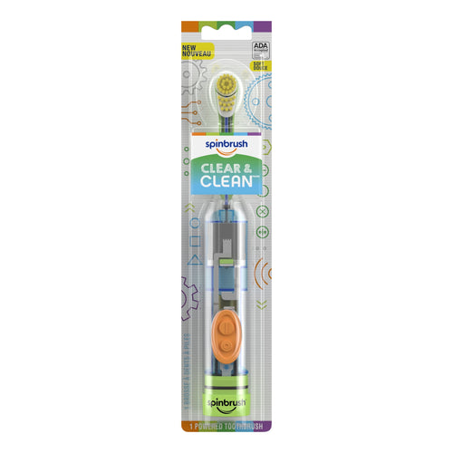 Spinbrush Clear & Clean kids electric toothbrush in clear retail blister packaging
