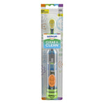 Full-length Spinbrush Clear & Clean kids electric toothbrush in clear blister pack with colorful trim