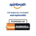 Duracell AA battery illustration under Spinbrush logo with text saying AA batteries included and replaceable