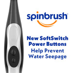 Partial handle close-up of a Spinbrush electric toothbrush beside text about SoftSwitch power buttons