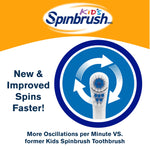 Spinbrush Kid’s feature graphic highlighting a replacement brush head and circular arrows indicating faster spinning action