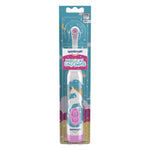 Retail blister-pack Spinbrush kids electric toothbrush with white unicorn illustration on teal background and pink power buttons