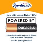 Spinbrush Kids promotional image showing a Duracell AA battery graphic and text about longer battery life