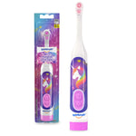 White and purple Spinbrush kids electric toothbrush with unicorn graphic shown full-size and in retail blister pack