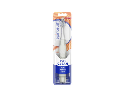 Spinbrush Pro Clean battery-powered electric toothbrush in blister pack with product card