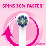 Close-up of a round Spinbrush replacement brush head centered on a pink background with text claiming 'Spins 30% faster'.