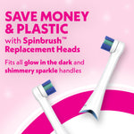 Feature graphic on pink background promoting Spinbrush replacement heads, showing two white replacement brush heads and explanatory text.