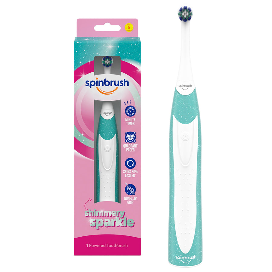 Spinbrush Shimmery Sparkle teal and white kids electric toothbrush shown next to its pink-and-teal retail packaging.