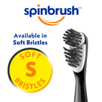 Close-up of a Spinbrush toothbrush head and a yellow badge reading Soft S bristles with Spinbrush logo above