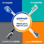 Four-quadrant Spinbrush comparison graphic showing different brush heads and asking Which spin is right for you?