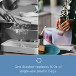 Split image showing reuse of single-use bag at a trash bin and a person filling translucent Stasher silicone bags in a kitchen setting