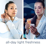 Split image of two women in light jackets demonstrating 'all-day light freshness' promotional lifestyle scene
