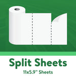 Illustration of a paper towel roll with perforated split sheets on a green background and text reading Split Sheets 11 x 5.9".