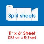 Blue and white infographic showing a roll of paper towels with dashed split-sheet lines and dimensions 11" x 6".