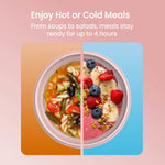 Top-down view of a blush pink bowl split composition showing hot soup on one side and a smoothie bowl with fruit on the other.