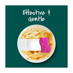 Pink sponge cleaning a soiled white plate with headline text “Effective & Gentle” on a dark green background