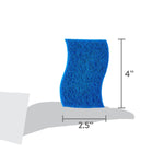 Illustration showing a blue scrub sponge on a hand silhouette with dimensions labeled 2.5" width and 4" height.