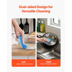 Split lifestyle image showing a hand cleaning a glass with the soft side and scrubbing a pan with the abrasive side.