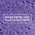 Close-up purple-toned macro texture of a sponge surface with overlaid text 'MADE FROM 100% PLANT-BASED FIBERS'