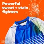 Blue-and-white athletic shirt with dramatized sweat and stain graphic and headline about powerful sweat + stain fighters