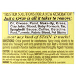 Close-up label panel listing stains removed including oil, grease, paint, grass, inks, blood, coffee and more on yellow background.