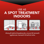 Red instruction graphic illustrating using the product as a spot treatment indoors with kitchen and bathroom icons