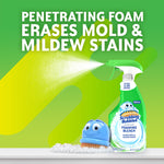 Spray action and Scrubbing Bubbles bottle with brush mascot and text about penetrating foam erasing mold stains