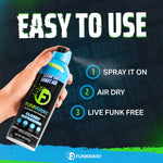Hand spraying FunkAway closet refresher with three-step usage instructions: spray, air dry, live funk free