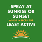 Green safety reminder graphic reading ‘Spray at sunrise or sunset when insects are least active’ with sun icon