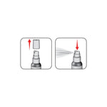 Two-panel instruction graphic showing removal of the cap and pressing the spray nozzle on a bottle