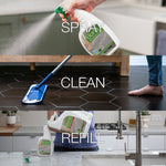 Triptych-style image showing spraying a Bona bottle, a Bona mop cleaning hex tile, and a refill pour scene with overlayed words spray, clean, refill.