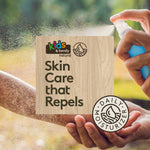 Hand spraying a mist onto a forearm with a wood-textured overlay that reads “Skin Care that Repels” and a daily moisturizer badge