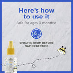 Usage instruction graphic showing a spray bottle and text ‘Spray in room before nap or bedtime’ with Zarbee’s mascot