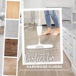 Lifestyle image showing a spray mop cleaning a hardwood floor with sample wood swatches at left