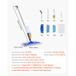 Exploded-layout product components image showing assembled spray mop, replacement pads, bottle, scraper and listed dimensions and specs