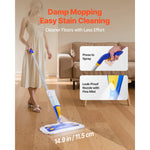 Lifestyle shot of person using blue and yellow spray mop on hardwood floor with callouts showing press-to-spray and leak-proof nozzle