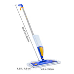 Blue and yellow spray mop angled on white background with dimensions labeled along the handle and mop head
