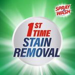 Green burst graphic with large circular badge reading ‘1st time stain removal’ and small Spray n Wash logo