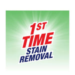 Graphic reading ‘1st time stain removal’ in red and blue on a green burst background