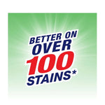Green background graphic with bold text proclaiming "Better on Over 100 Stains" in red and blue lettering