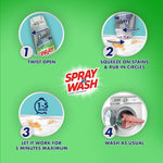Four-step usage infographic showing twisting, squeezing, waiting 1-5 minutes and washing with Spray n Wash logo