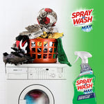 Laundry scene with muddy soccer ball, basket of clothes and Spray 'n Wash bottle on a tiled background