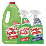 Three Spray 'n Wash bottles and a large refill jug grouped together showing different package sizes and labels